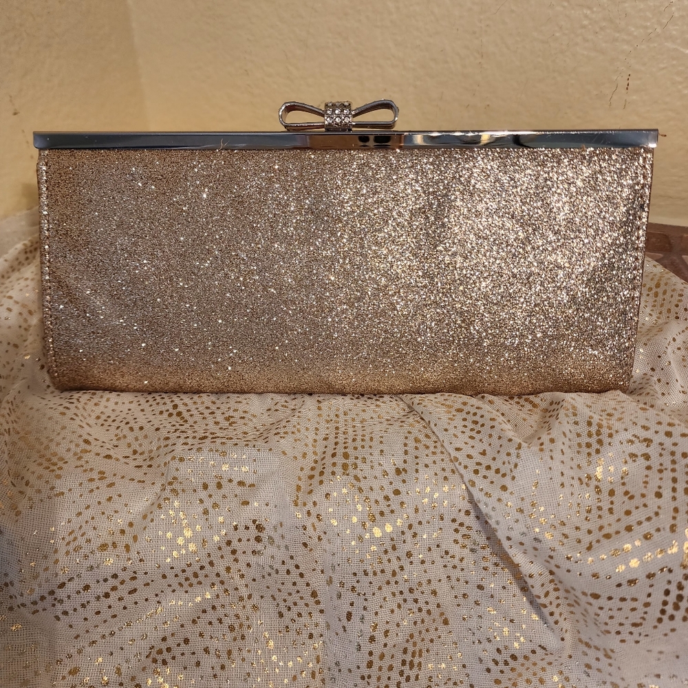 INC International Concepts Metallic Glitter Rose Gold Clutch Purse